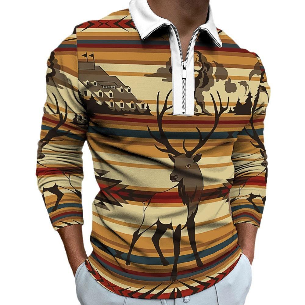 New Men's Sweatshirt Men's Zip Casual Men's Digital Printed Long Sleeve Polo Top