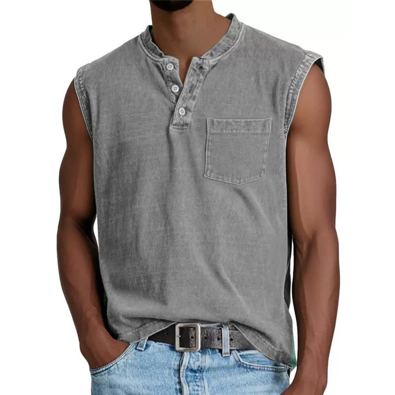 Herren gewaschenes Henley ärmelloses Tanktop lässig V-Ausschnitt einfarbig Muskelshirt mit Brusttasche
