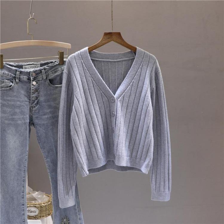Women's V Neck Knitted Cardigan Short Jacket Loose Long Sleeve Autumn Versatile Outfit Top Sweater