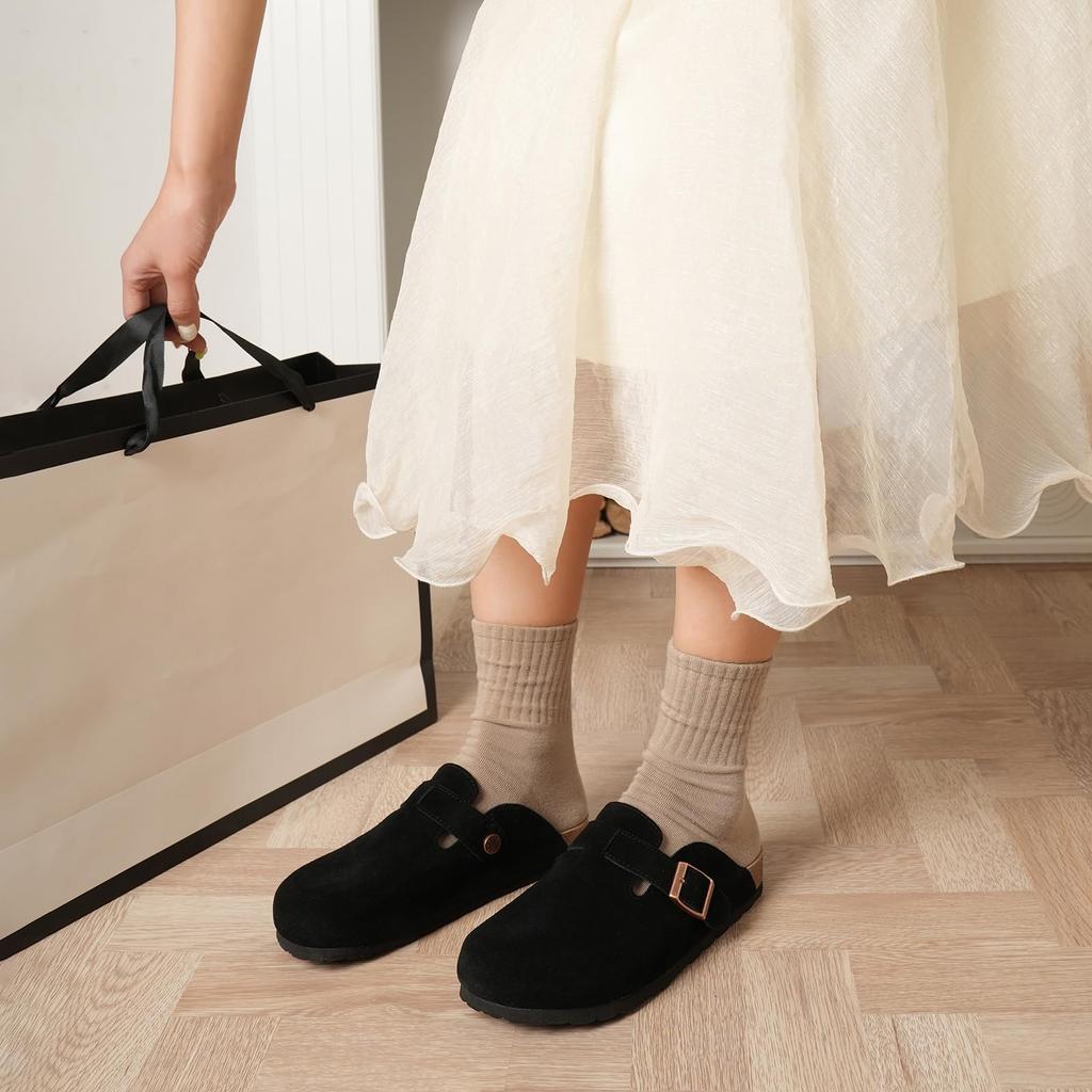 Modische Crestar Clogs für Damen Wildleder Clogs Verstellbare Schnalle Korkfußbett Pantoletten Clogs Unisex Rutschfeste Sohle Hausschuhe mit Fußgewölbeunterstützung