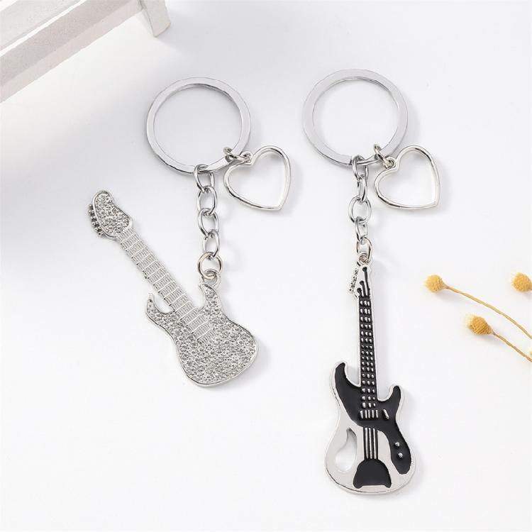 Guitar Pendant Keychain with Shimmering Stones Metal Keyring Sweet Cool Girls Key Chain Lightweight Jewelry for Bag