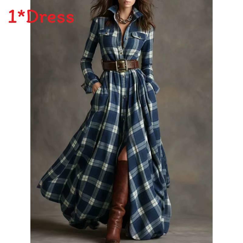 Vintage Plaid Long Sleeve Dress With Pockets For Autumn Fashion Enthusiasts