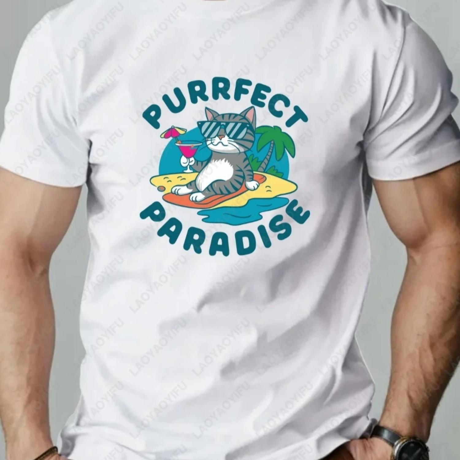 Men s T-Shirt Kitten on Vacation Cartoon Pattern Summer Leisure Breathable Round Neck T Shirt High Quality Printed T-shirt S