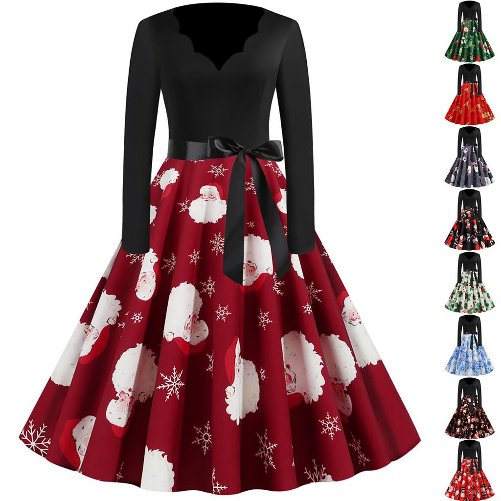 Women's Fashion Long Sleeve Christmas Round Neck Print Hem Dress