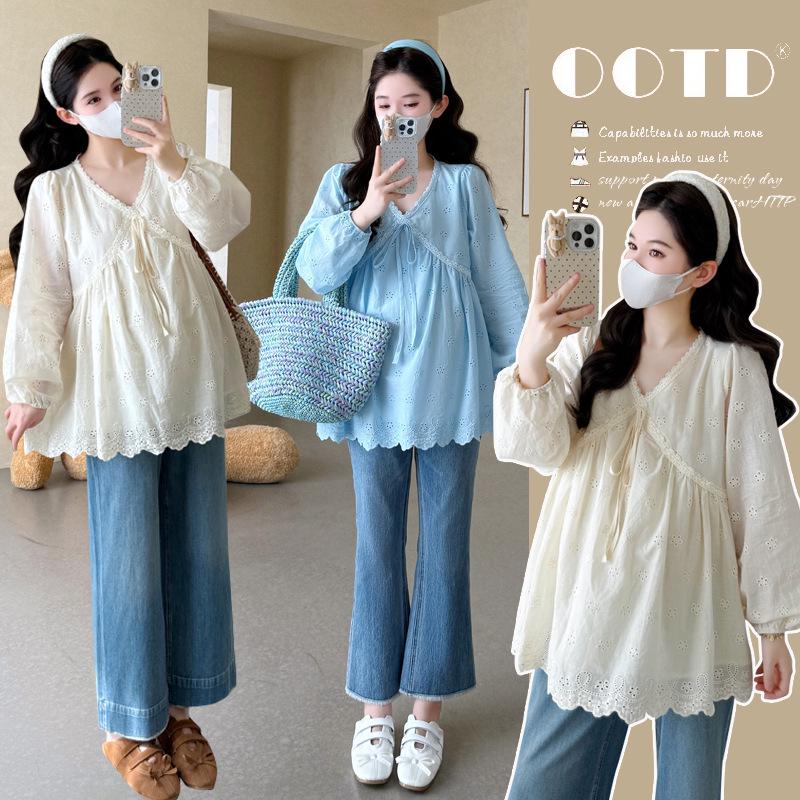 2026 Spring Korean V-neck Lace Embroidered Maternity Doll Top M