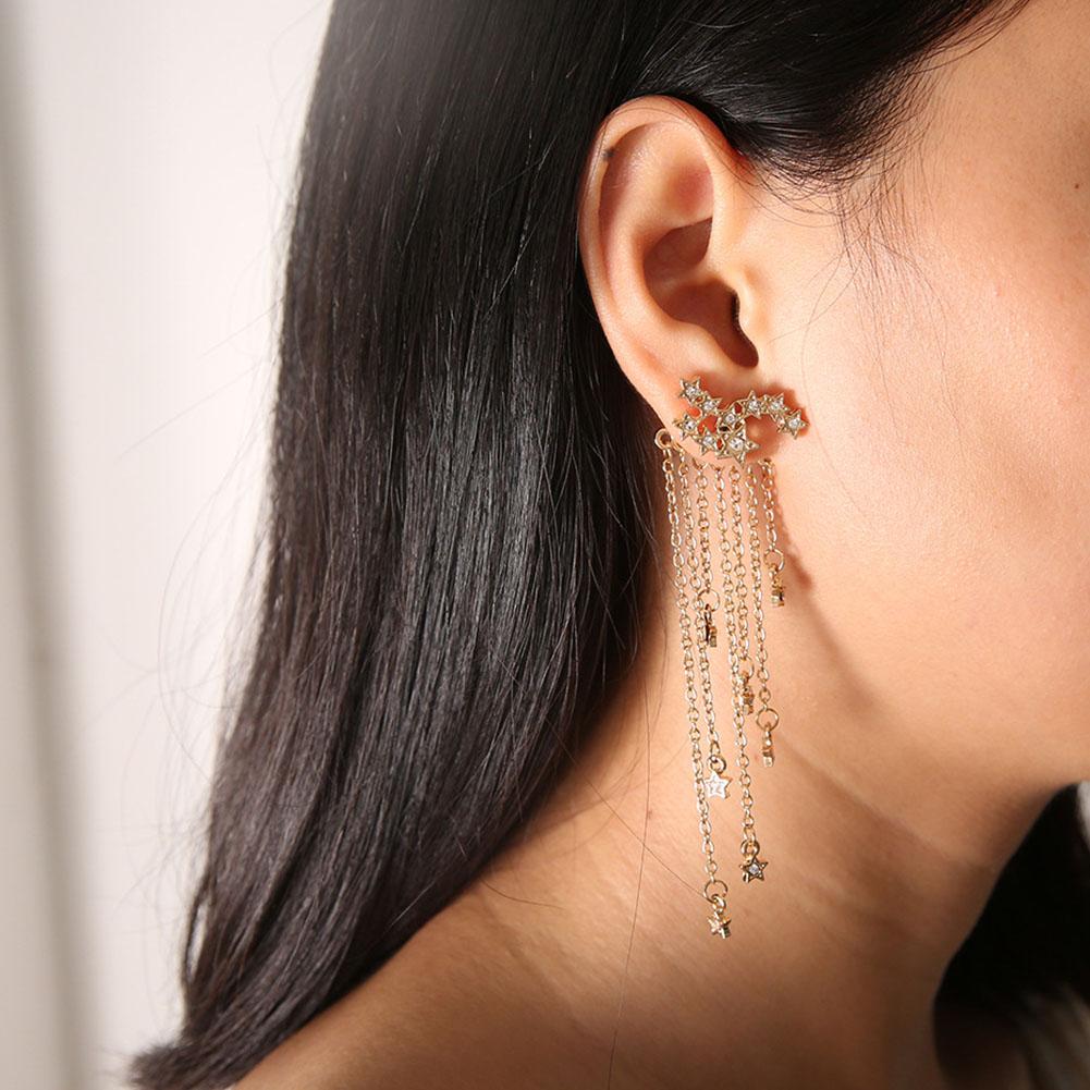 Women Fashion Shiny Star Design Tassel Long Earrings