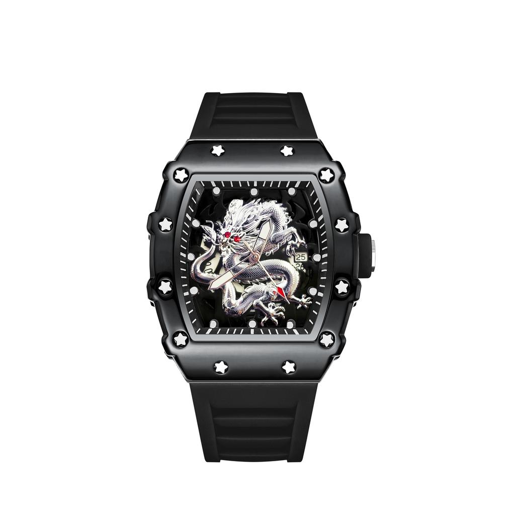 Domineering High-Value Fashion Trend Luminous Waterproof Wine Barrel-Shaped Men'S Watch Silver Dragon
