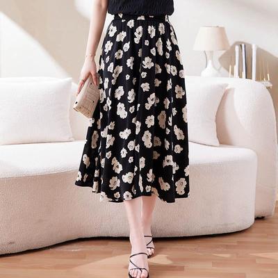 Women's Summer Floral Chiffon A-Line Skirt with Elastic Waist