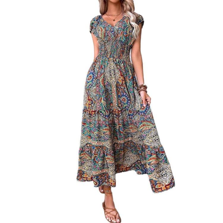 Women Bohemian Floral Maxi Dress 2025 Waist Accent European American Holiday Style