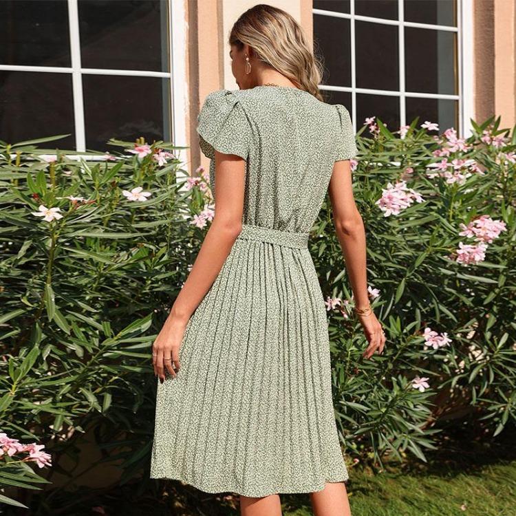 Chic Women Summer Green V Neck Long Sleeve Lace Up Pleated A Line Print Dress