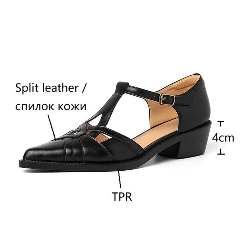 Fashion Summer Women Sandals Split Leather Shoes for Women Pointed Toe Chunky Heel Shoes Giadiator Sandals Narrow Band Handmade Shoes