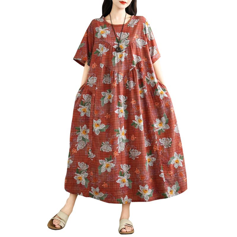 DIMANAF 2025 Plus Size Summer Dress Women New Floral Vintage Long Casual O-Neck Dress Loose Dress Maxi
