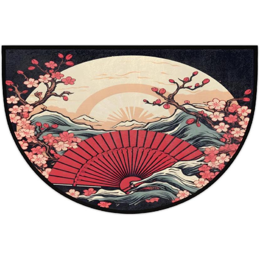 Half Round Door Mat, Japanese Painted Non-Slip Half Circle Area Rug Cherry Blossom Doormat Washable Durable Home Decor Half Moon Rug for Floor Indoor