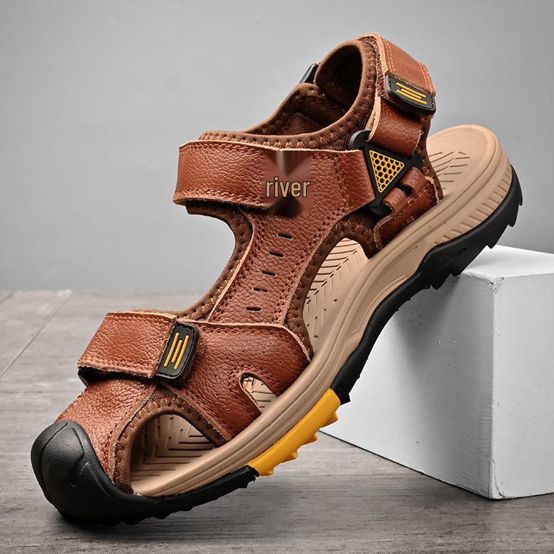 Men's Plus Size Genuine Leather Sandals - Breathable, Soft Sole, Closed Toe Outdoor Water Shoes for Teens 