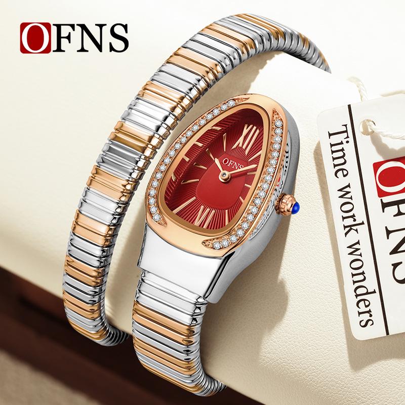 SANDA Women's Luxury Snake Head Bracelet Watch with Roman Mother-of-Pearl Dial, Diamond Accents, English Two-Hand, 30M Water Resistant.