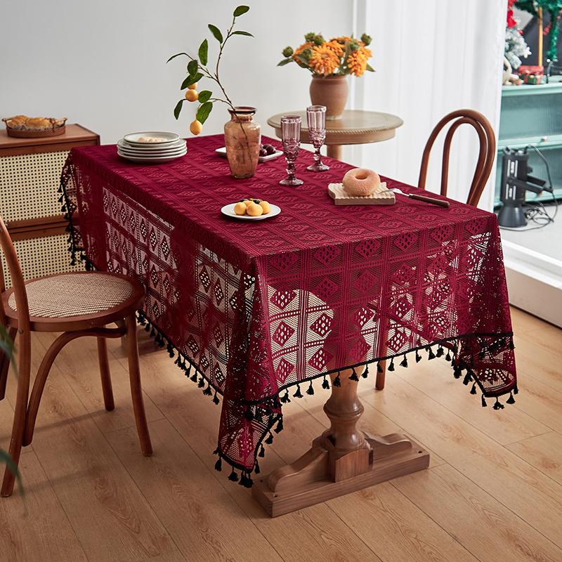 Gothic Hollow Lace Tablecloth Retro European American Rectangle Crochet Knitting Table Cloth with Tassel Home Decoration