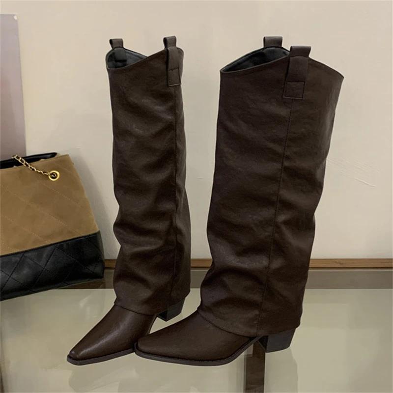 Eilyken Design Splicing Pleated Knee High Boots Women Autumn Winter Pointed Toe Square Low Heels Long Shoes Botas De Mujer