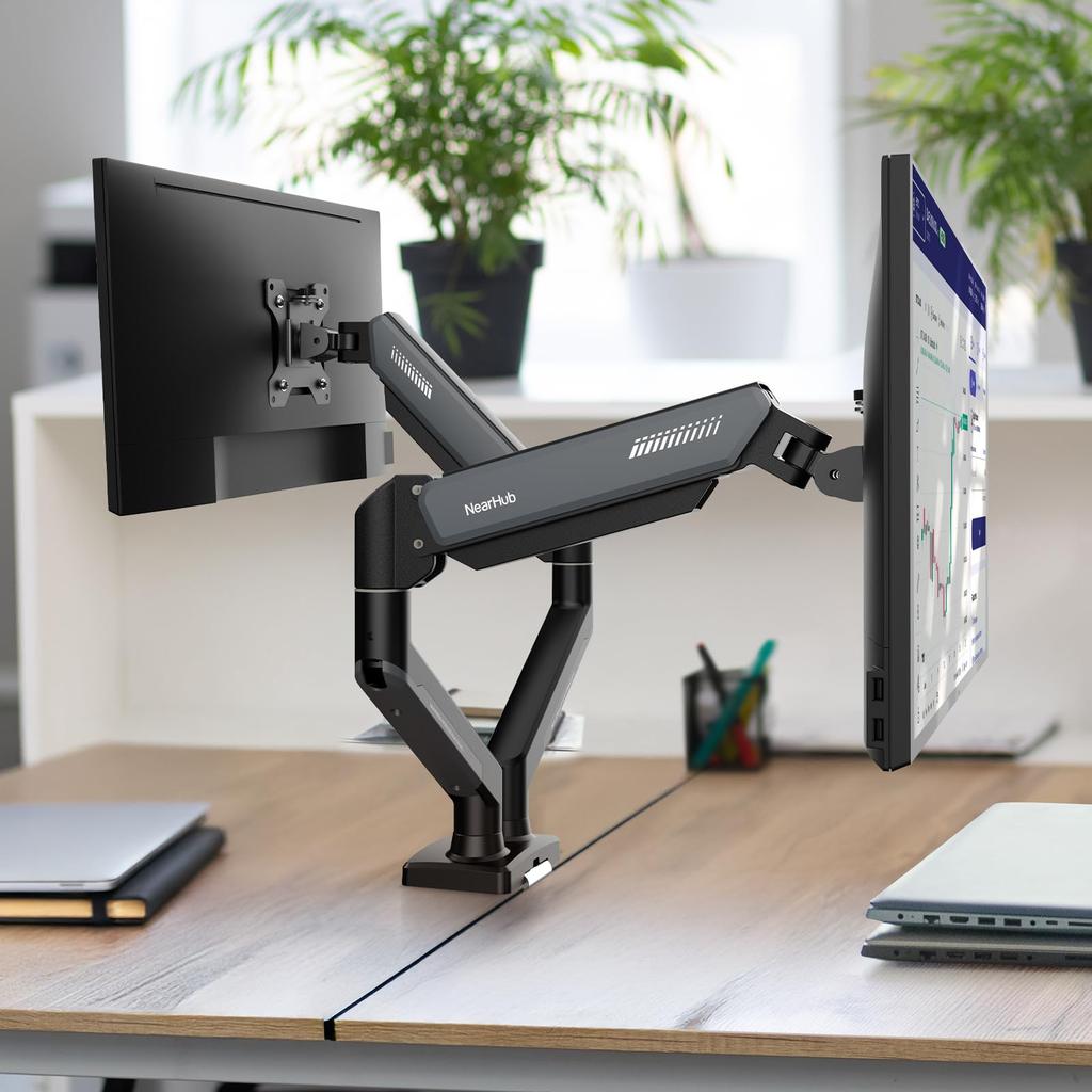 NearHub MA20-GR Dual Monitor Arm, Gas Spring Type, Compatible with 13-32 Inch Monitors, 9kg Weight Capacity, VESA 75x75mm100x100mm ClampGrommet