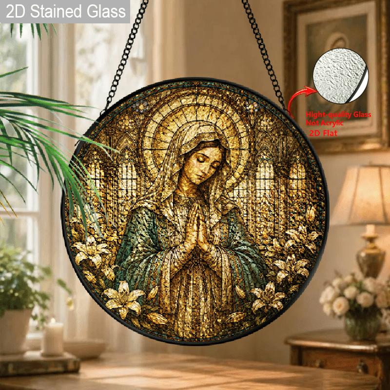 2D Flat ReligiousStained Glass Suncatcher, 6.3/7.87 Inch Religious Madonna Suncatcher, Pray Christmas Stained Glass Window Hanging Ornament