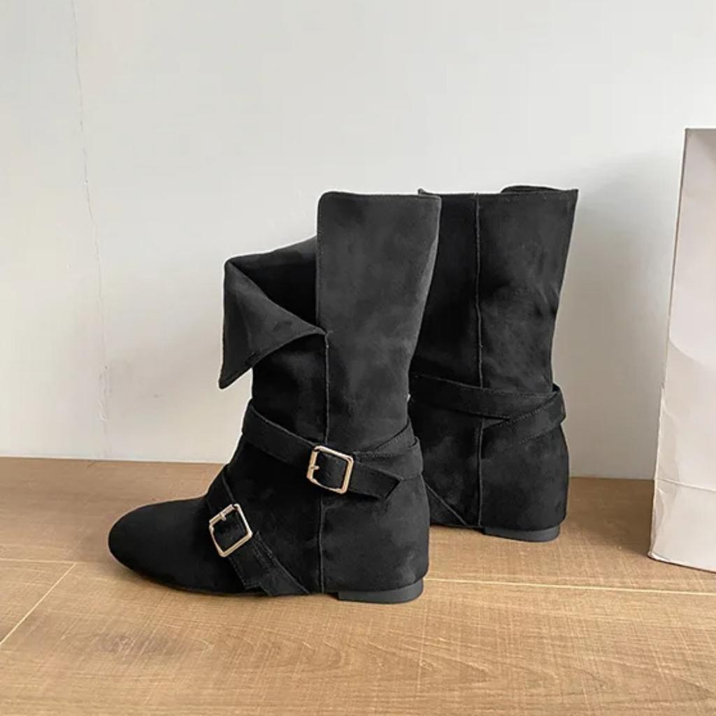 Seoul Inspired Round Toe Motorcycle Boots Women Metal Bule Velvet Surface Knight Sle Mid-Calf Flat Heel Booties Hight Top Shoes