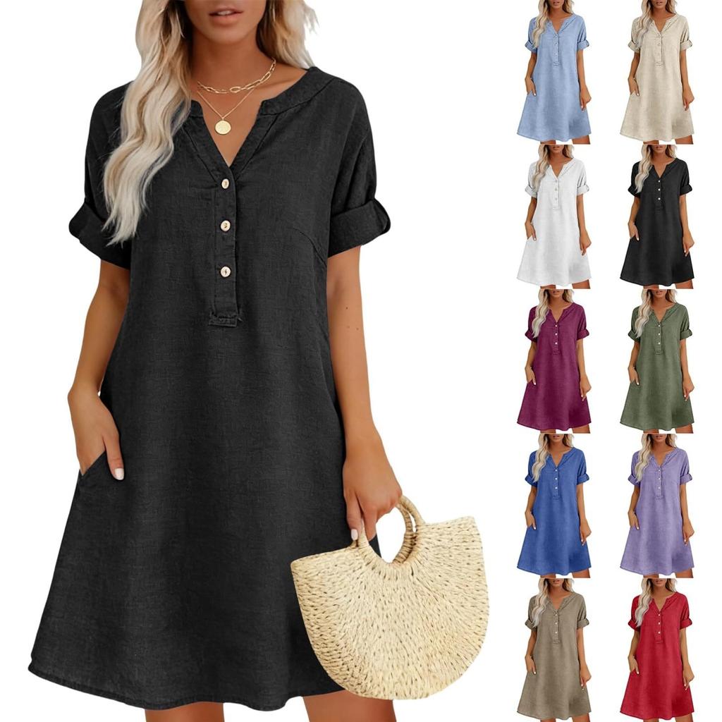 Summer European and American new fashion casual short-sleeved dress V-neck button pocket solid color shirt dress