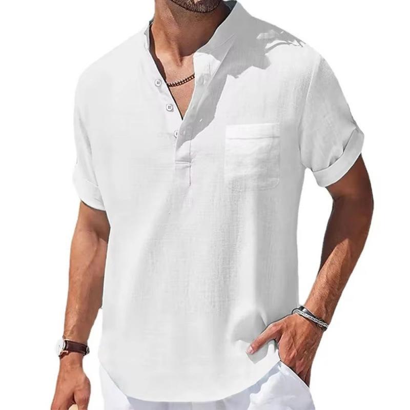 

Casual Stand-up Collar Solid Color Short-sleeved Linen Shirt Fashion Breathable Loose Youth Basic Pocket Top XXXL белый