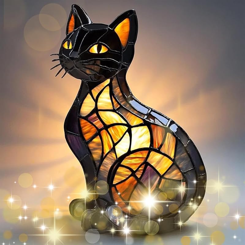 Cat Lamp, Resin Cat Lamp Stained Glass, Retro Cats Tabletop Night Light, Animal Table Lamps Series, Small 3D Cute Pet LED Table Lamps, Gift for Cats