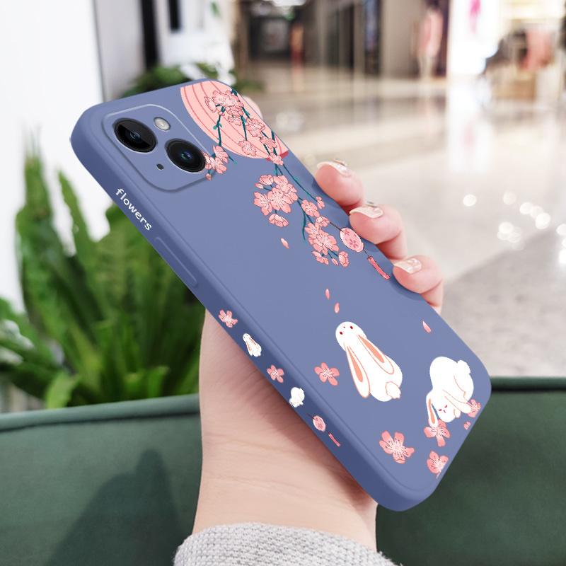 

Чехол для телефона «Персиковый кролик» для iPhone 16 15 14 13 12 11 Plus Pro Max Mini X XR XS SE2020 8 7 6 6S Plus Жидкий силиконовый чехол iPhone 16 Plus светло-синий
