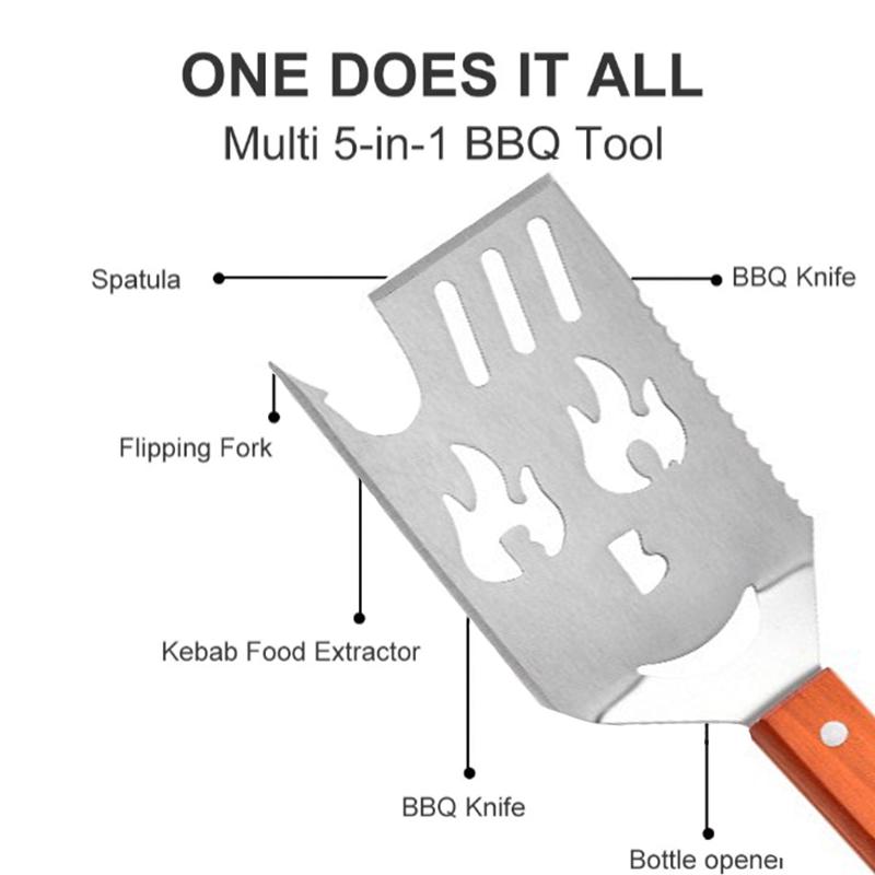 Multi functional creative barbecue shovel with wooden handle, grill spatula with fork knife, bottle opener, kitchen cooking tool