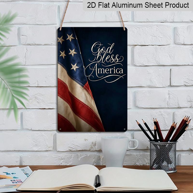 2D Flat "God Bless America" Patriotic Metal Sign, 8×12 Inch Aluminum Wall Art, Vintage American Flag Design, Durable Decor for Memorial Day