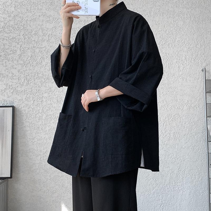 Чоловіча сорочка в японському стилі, ретро, з бавовни та льону, літні рукави з п'ятьма точками, великі розміри, китайський національний тренд