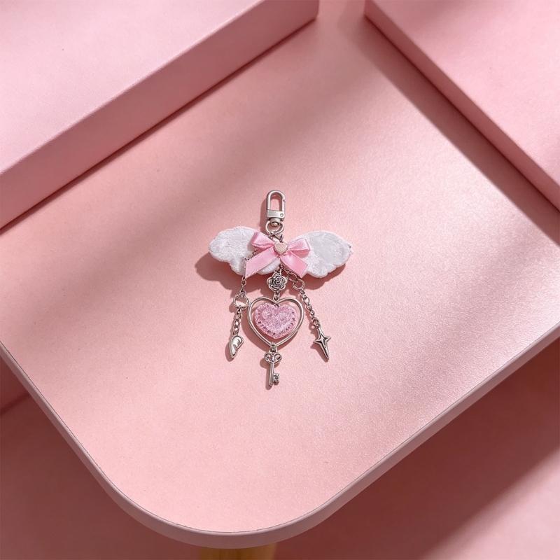 Romance Pink Heart With White Wing Key Chain Fashion Jewelry Lightweight Lovely Keyring For Women Girls