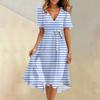 Women's Summer Fashion V-Neck Flared Dress Short Sleeve Striped Geometric Dresses