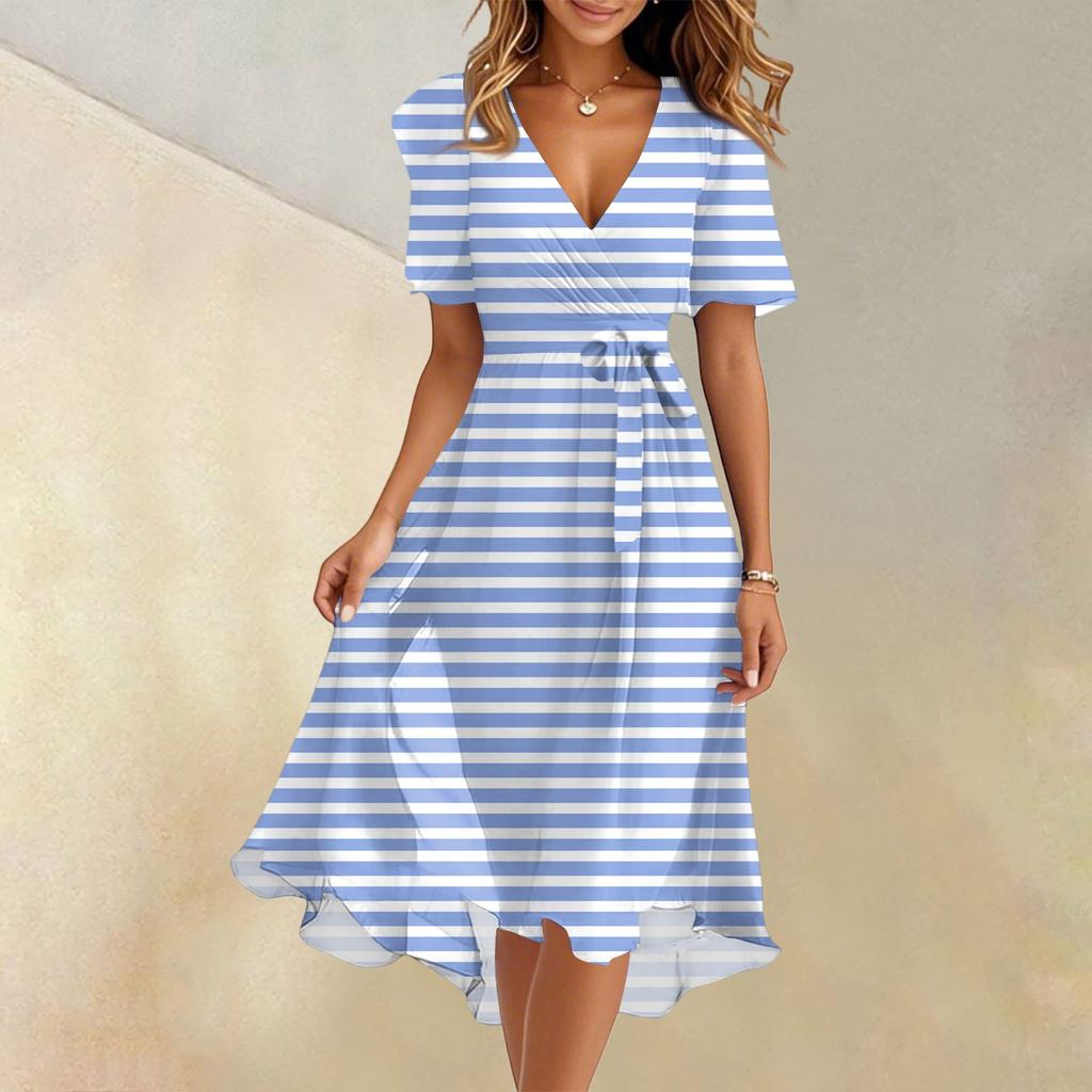Women's Summer Fashion V-Neck Flared Dress Short Sleeve Striped Geometric Dresses