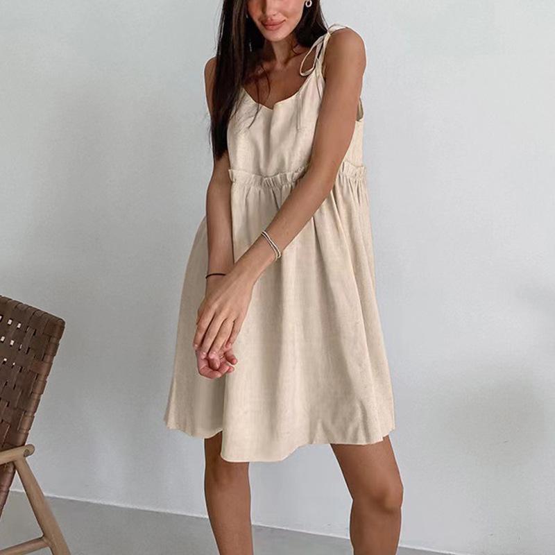 2025 Summer Cotton Linen Spaghetti Strap Dress - Women's Backless Sexy Urban European & American High-end Style.