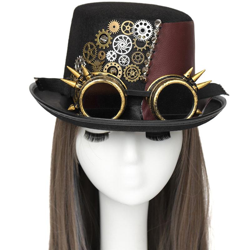 New Trendy Punk Vintage Steampunk Top Hat With Goggles Gothic Leather Headwear Holiday Cosplay Party Hat Halloween Accessories