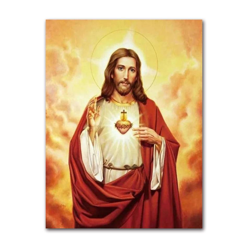 Art Print Mary Religious Canvas Painting Abstract Christian Wall Decor for Home Vintage Sacred Heart of Jesus