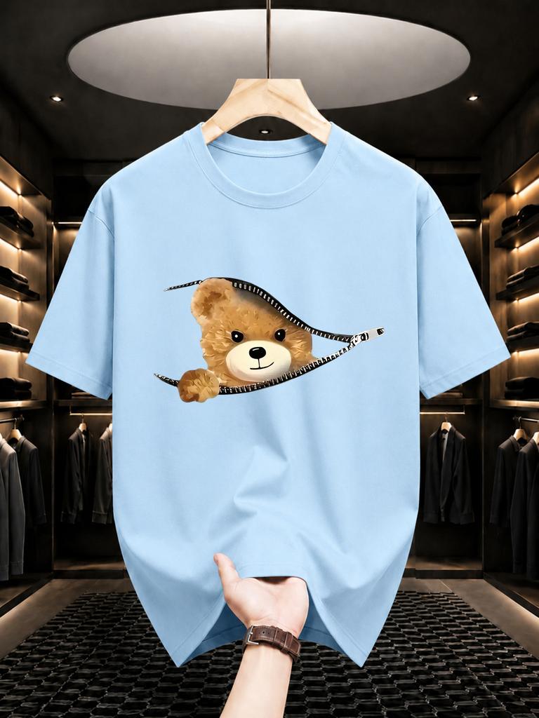 2026 New Cotton Tshirt Little Bear Peeking Out Of The Zipper Cute Print Round Neck Short Sleeve Casual Top