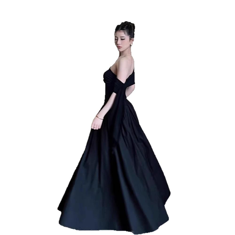 Černé šaty francouzského střihu Hepburn s odhalenými rameny: Letní Slim Fit, Detail se stuhou