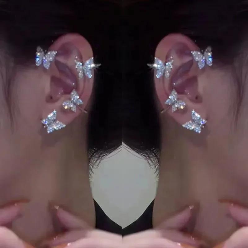 Silver Plated Metal Butterfly Clip Earrings for Women Ear Clips Without Piercing Sparkling Zircon Ear Cuff Fashion Jewelry