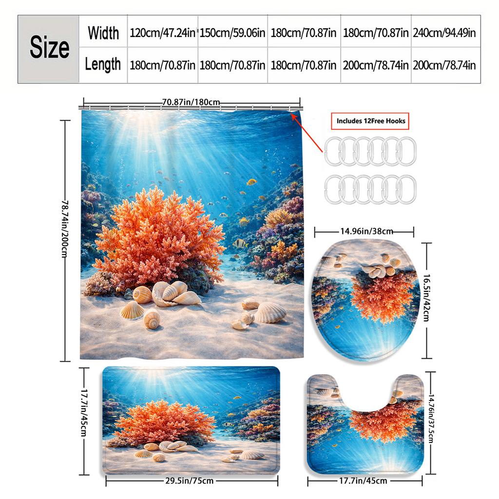 4Pcs 2D Flat Underwater Reef Shower Curtain Set with Non-Slip Bath Mat, Toilet Lid Cover, Contour Rug & 12 Hooks, Bathroom Decor
