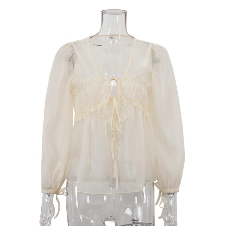 Neues sexy durchsichtiges Sonnenschutz-Design für Damen mit V-Ausschnitt und Schnürung, langärmlig, plissiert, vielseitiges Chiffon-Top