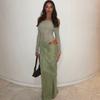 Sexy Off Shoulder Mesh See Through Long Sleeve Solid Bodycon Long Dress For Women