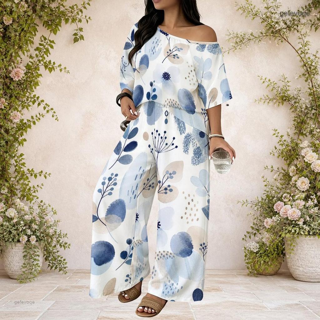 Plus Size Women Two Piece Matching Ensemble Batwing Sleeve Top Loose Long Pants