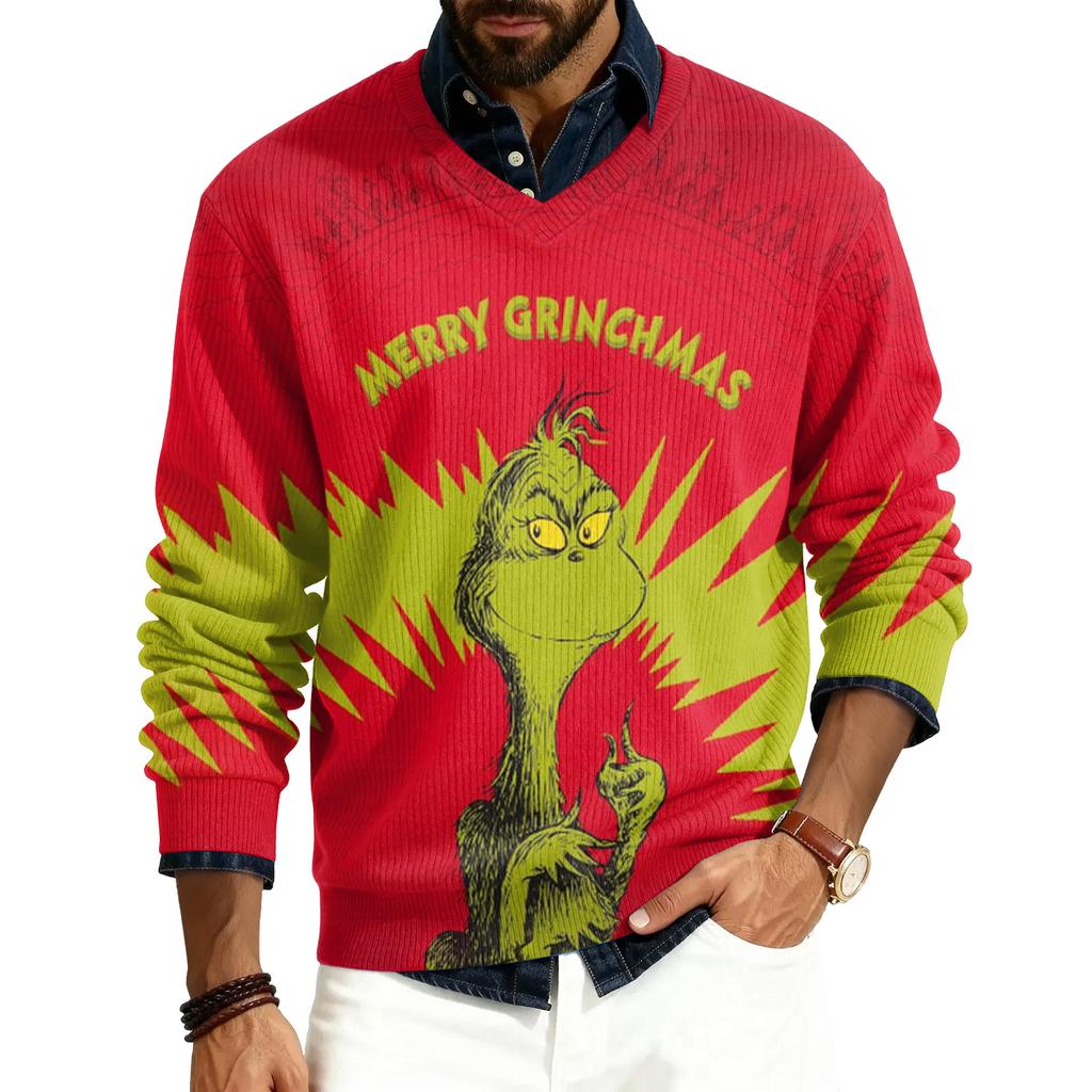 Men's V-neck Long Sleeve Ribbed Knit Pullover