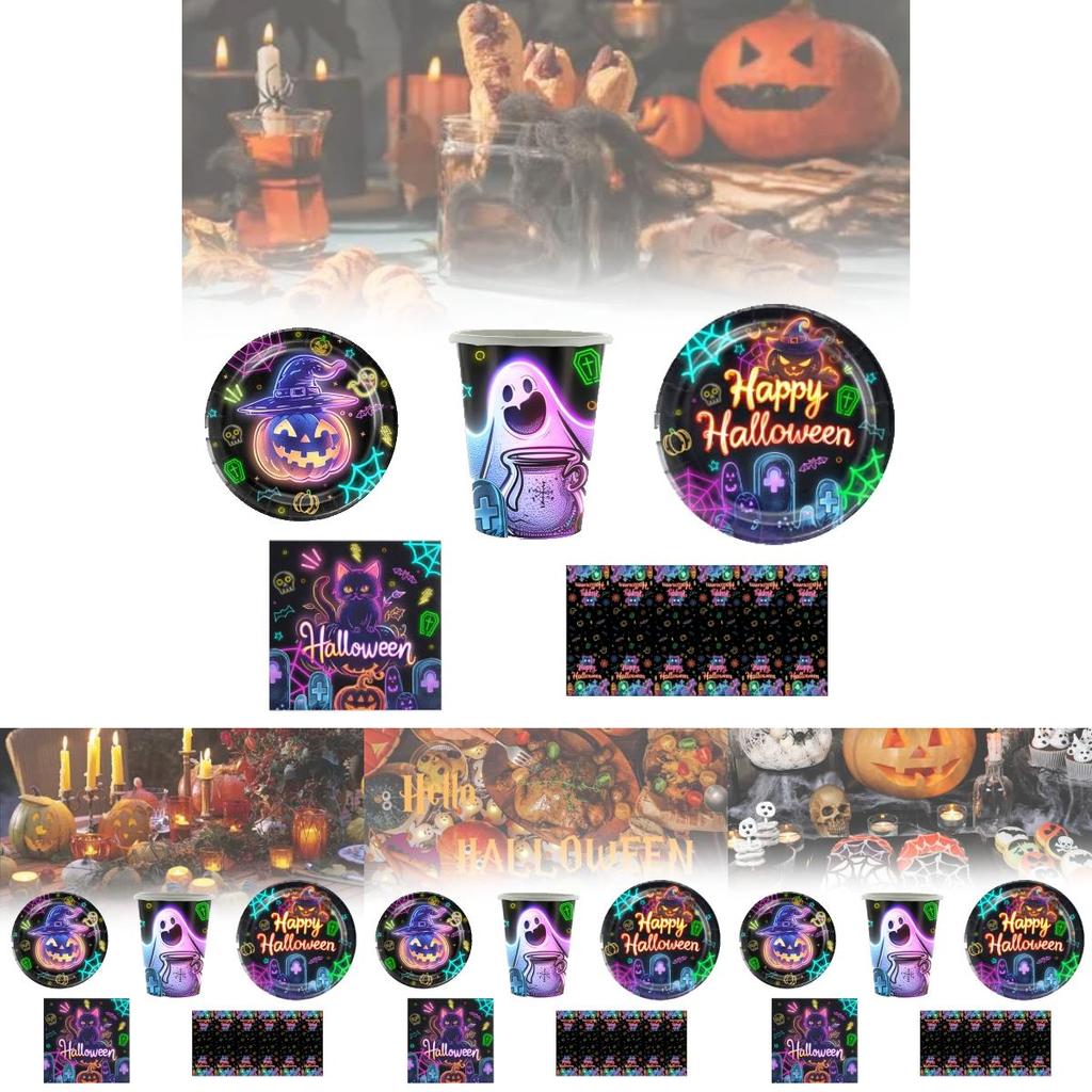 Bright Halloween Glow Disposable Party Supplies Set For 12 Featuring Paper Plates Cups Napkins And Tablecloth