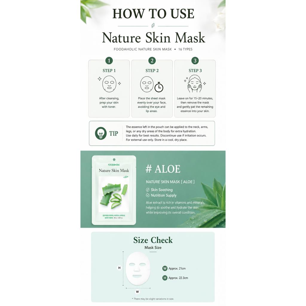 FoodaHolic Nature Skin Aloe Sheet Mask 10 Sheets / 10 Pack