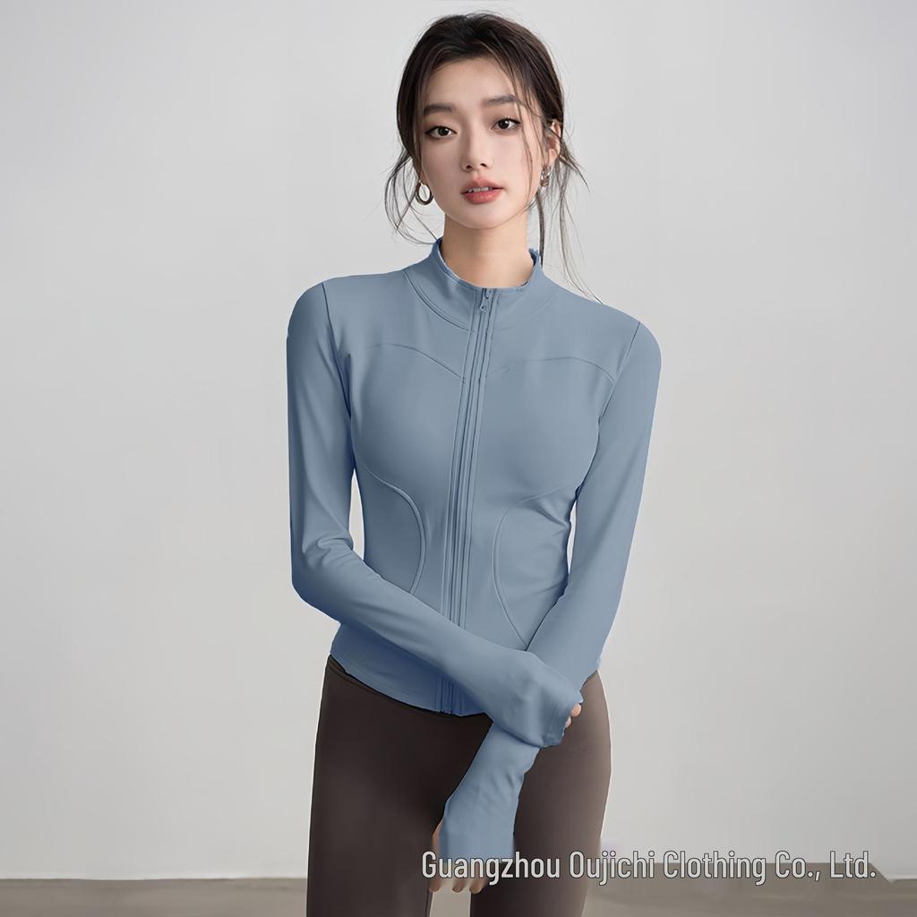 Women's Slim-Fit High Collar Yoga Jacket - Long Sleeve Knit Top for Outdoor Fitness