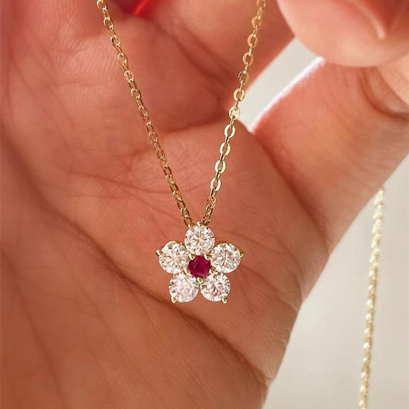 Flower Pendant Necklace, Pink/red Center Zircon