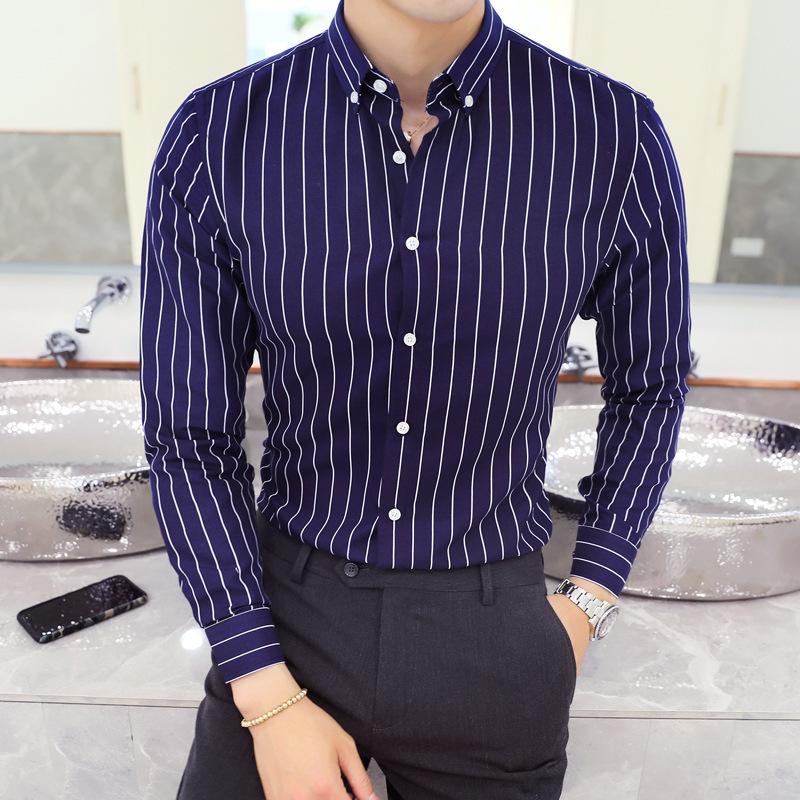Gestreiftes Hemd Herren Langarmhemd Mode Jugend Student Slim Shirt